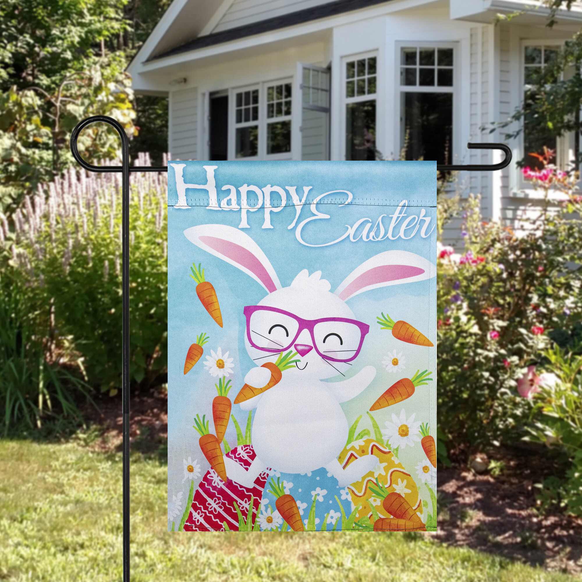 Happy Easter Wreath Bunny Eggs Double Sided Holiday Garden Flag Decor 12.5"x18" 