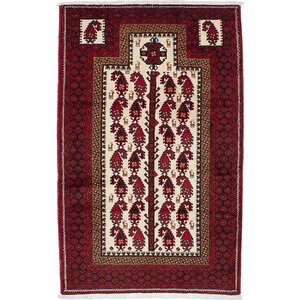 One-of-a-Kind Finest Baluch Wool Hand-Knotted Cream/Red Area Rug