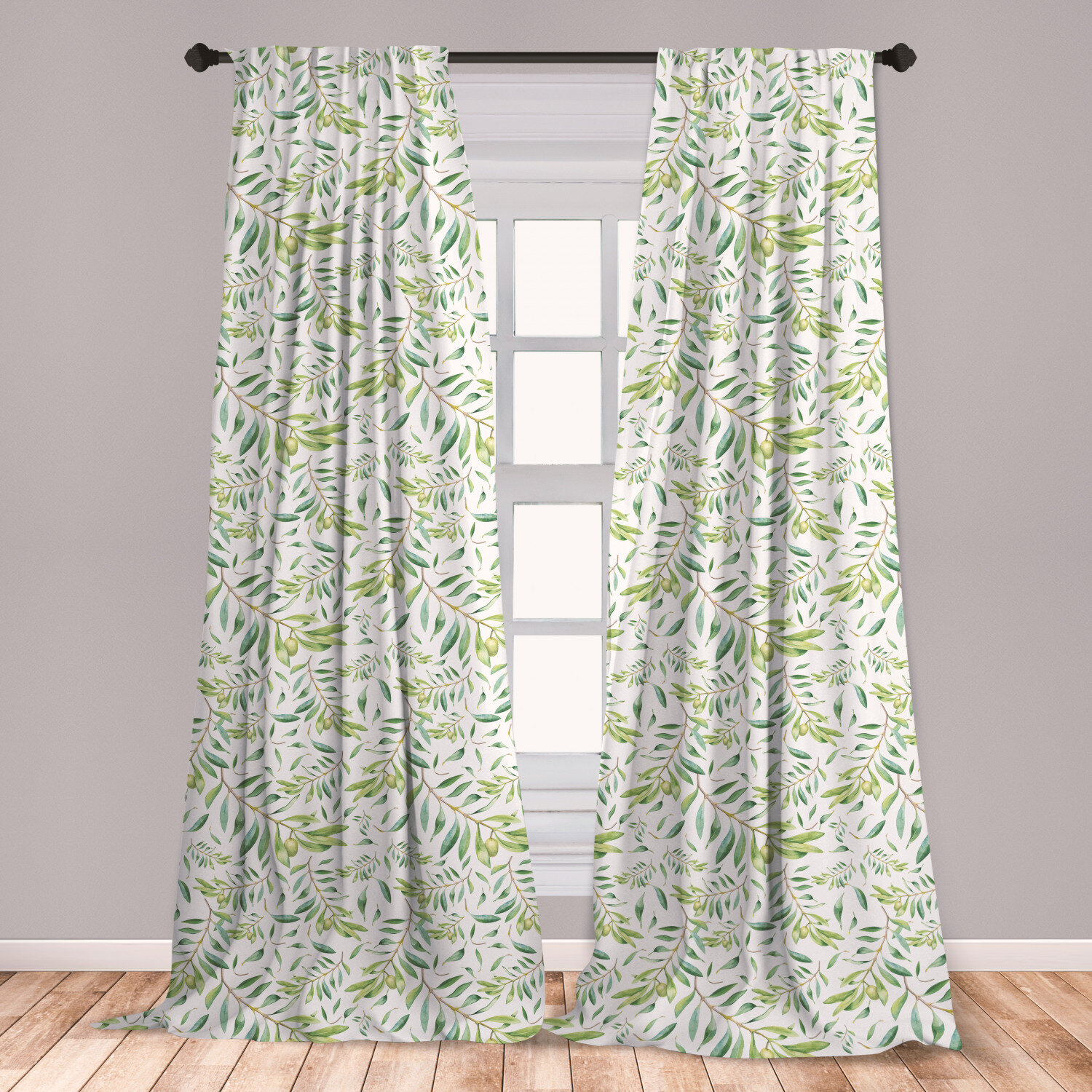 Ambesonne Green Leaf 2 Panel Curtain Set Watercolor Style Olive Branch Mediterranean Tree Organic Lightweight Window Treatment Living Room Bedroom