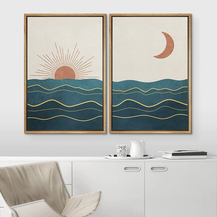 Idea4wall Shining Sun And Crescent Moon Over Teal Ocean Waves 2 Piece Floater Frame Print Set On Canvas Wayfair
