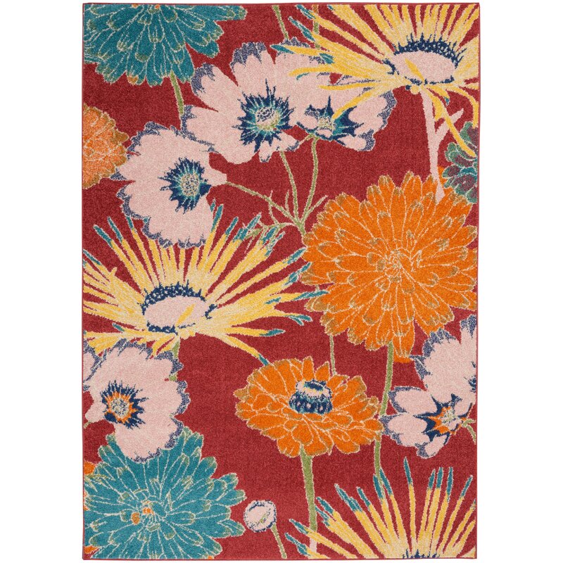 Winston Porter Madaket Floral Red Area Rug 