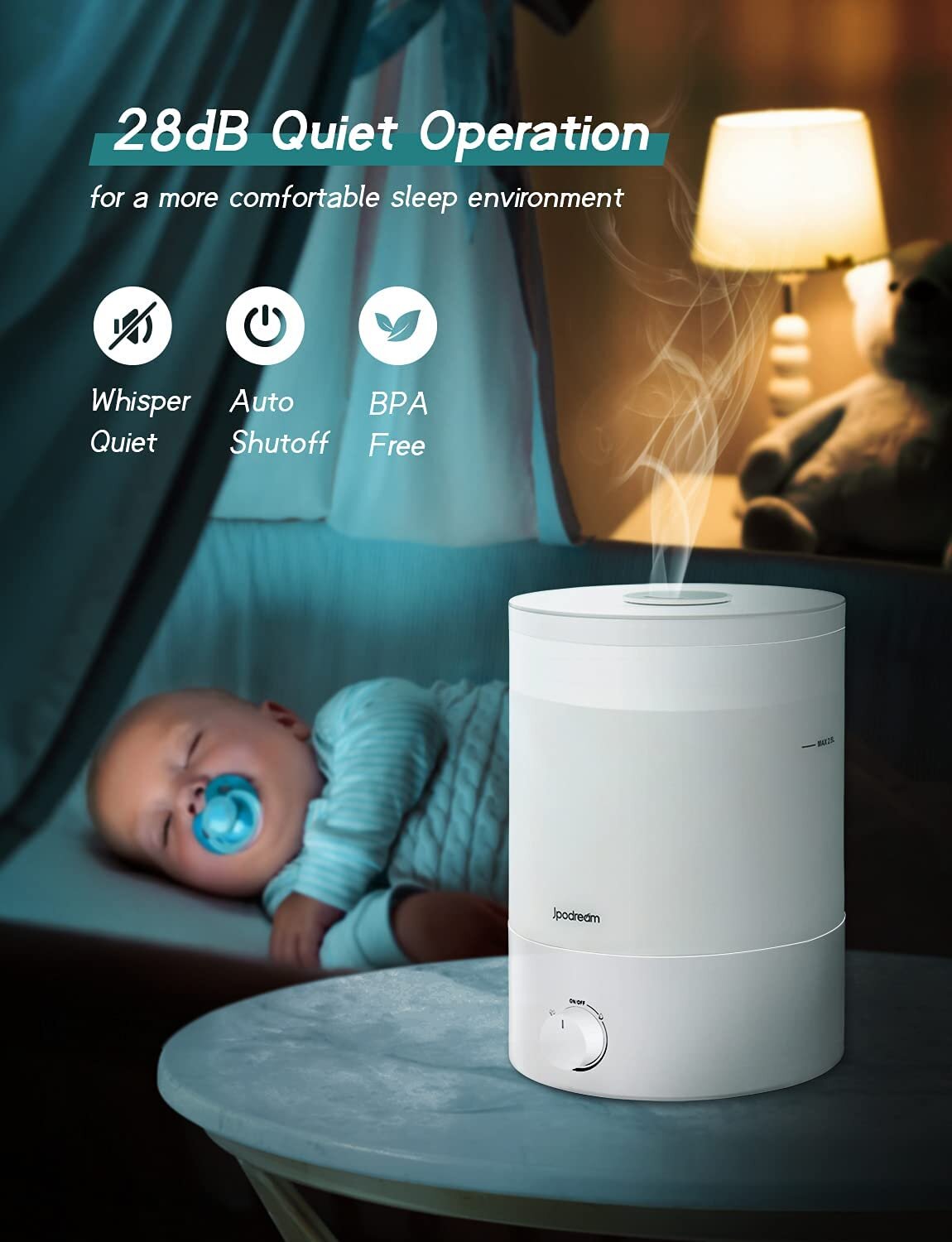 Ultrasonic Air Humidifier with Essential Oil Diffuser 28dB Whisper Quiet Adjustable Mist Auto Shut Off 12-30H Run Time Humidifiers for Bedroom Large Room 2.5L Top Fill Cool Mist Humidifiers for Home Kids Baby Nursery with Night Light