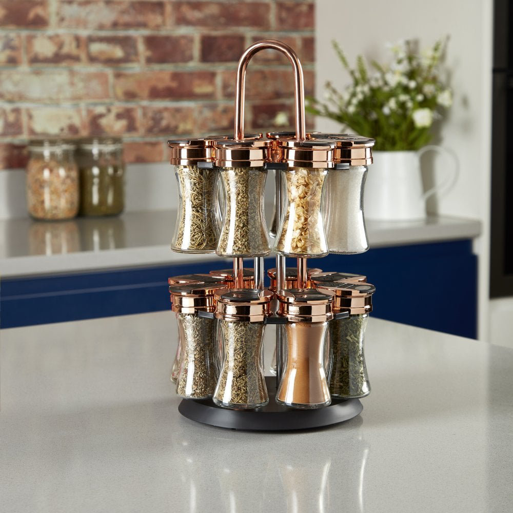 Tower T826021RB Rose Gold, Rotating Spice Rack with 16 Jars, Pre Filled