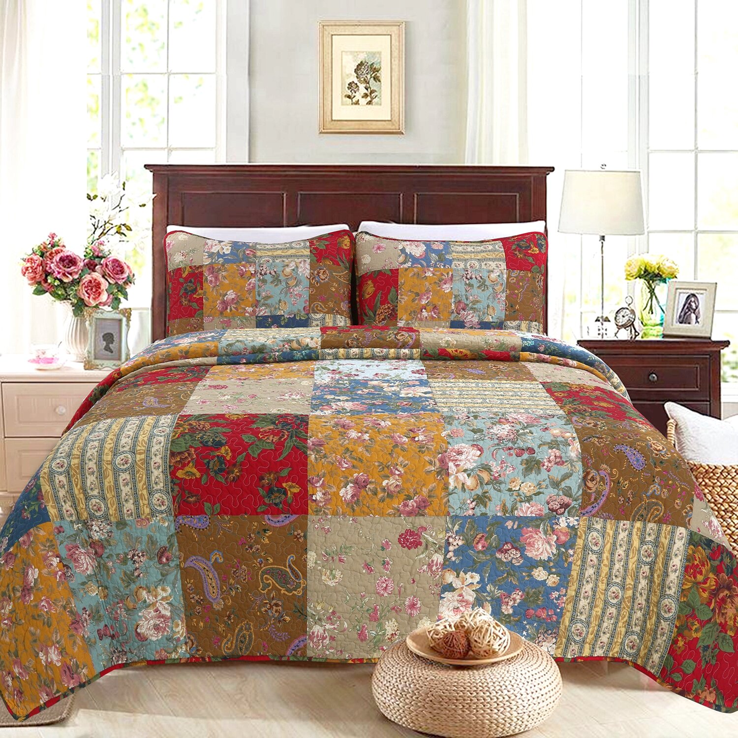 August Grove Sheetz Floral Patchwork Reversible Cotton Quilt Set