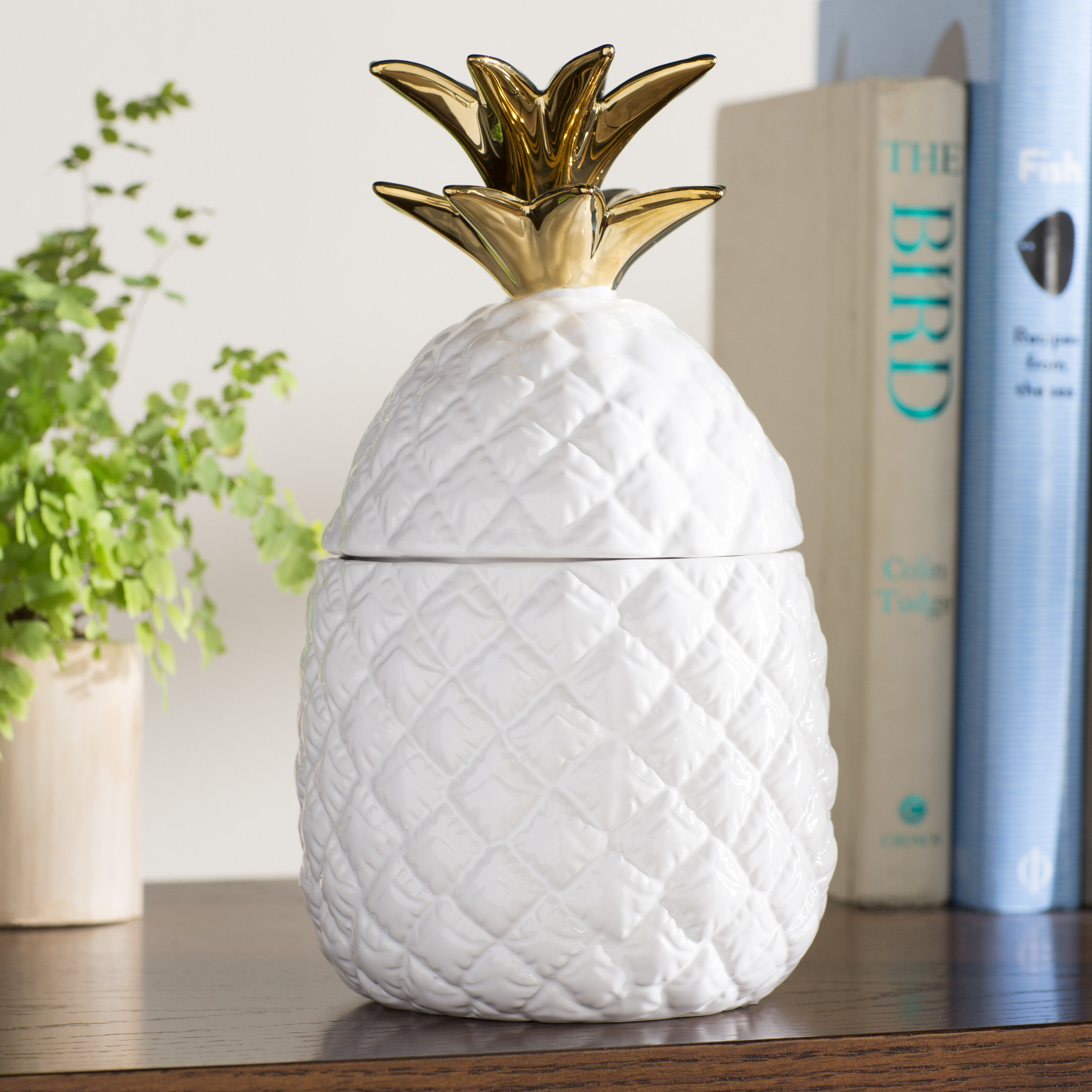 Beachcrest Home Gremillion White And Gold Ceramic Pineapple Jar