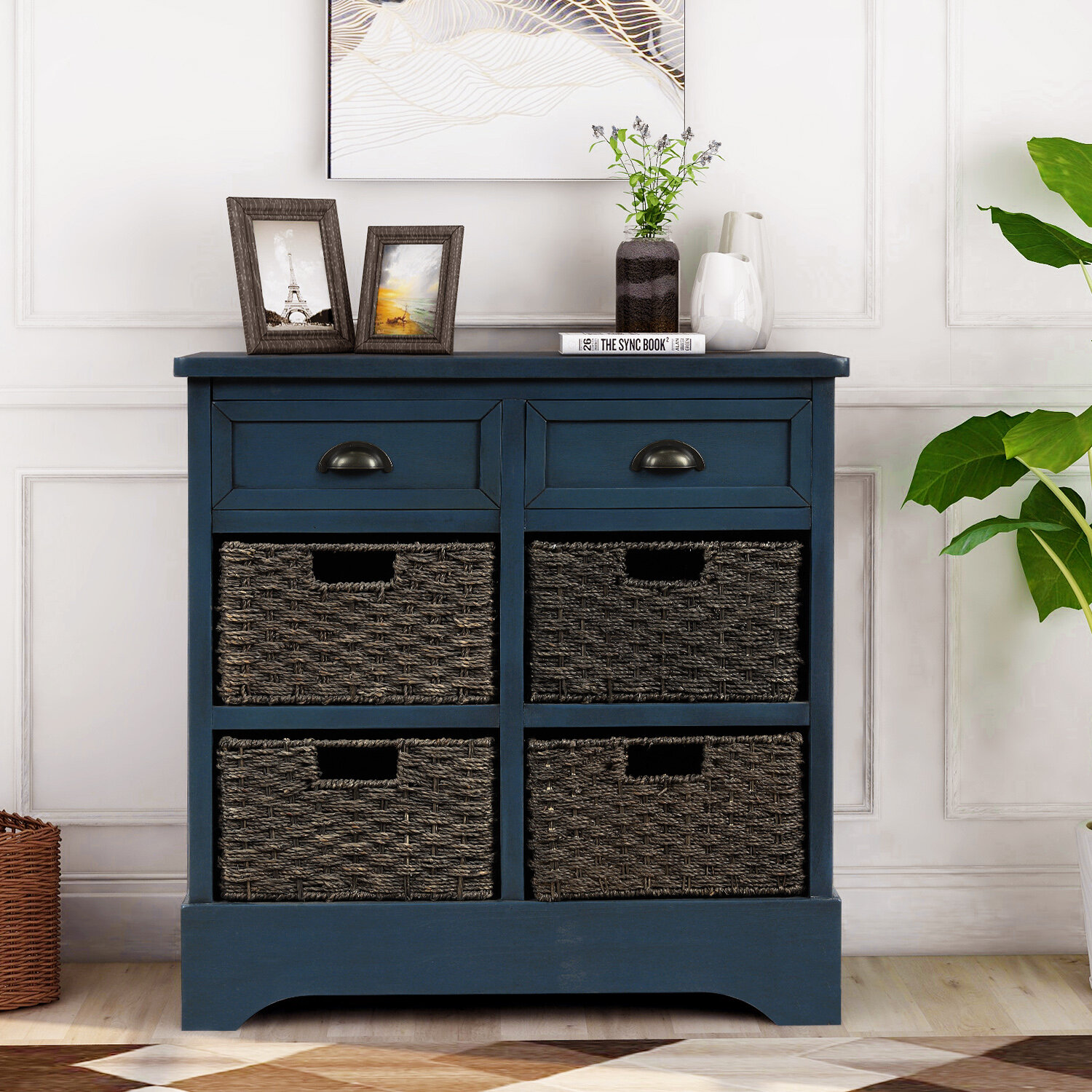 Longshore Tides Rustic Storage Cabinet With Two Drawers And Four Classic Fabric Basket For Kitchen Dining Room Entryway Living Room