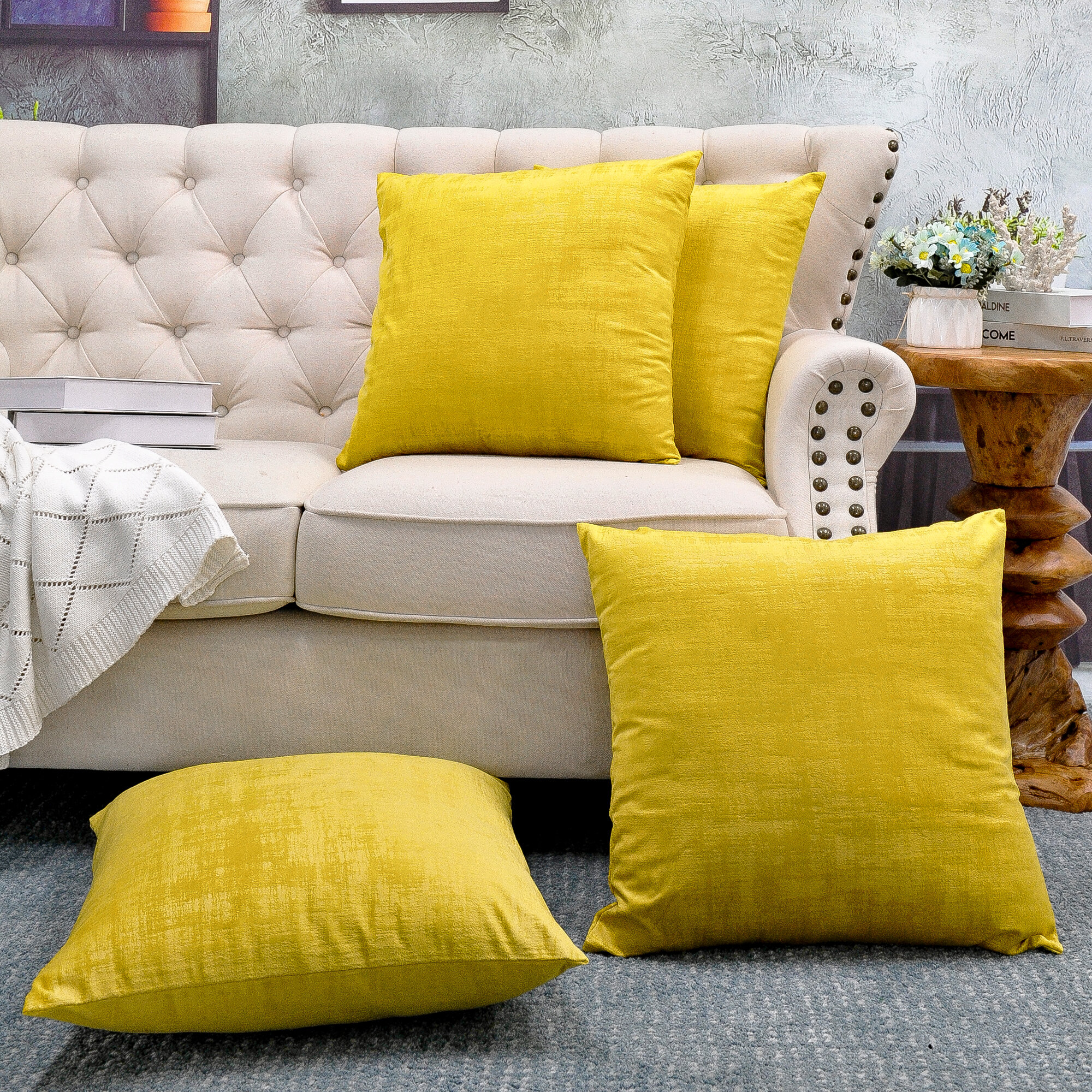 Mustard Yellow Decor Pillow Covers Outdoor Throw Pillowcases 18x18 Embroidered Square Cushion Covers for Holiday Sofa Room Bed Farmhouse 2 Pcs 