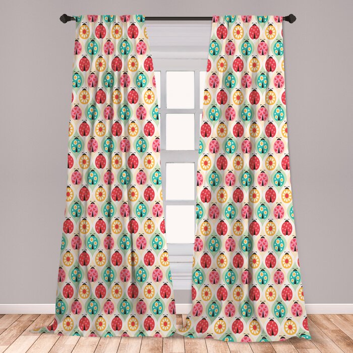 Ambesonne Retro Curtains Ladybugs Cartoon Pattern With Retro Polka Dots Daisy Blossoms And Little Hearts Love Window Treatments 2 Panel Set For