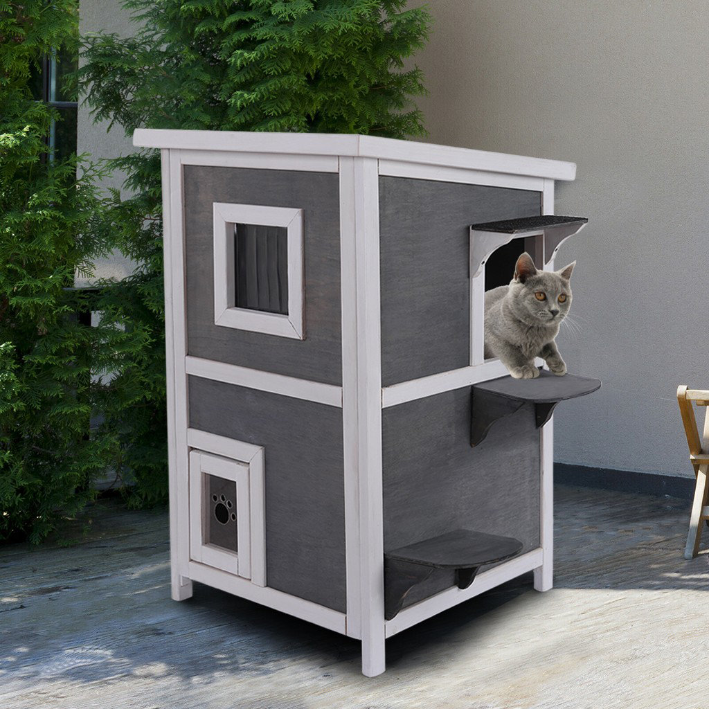 Tucker Murphy Pet Outdoor Solid Wood 2 Floor Cat Condo Pet House Kitty Shelter With Stairs Window Wayfair