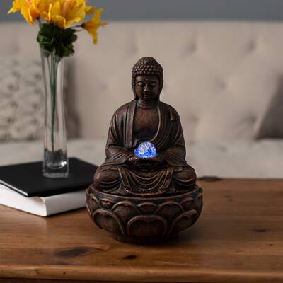 Elegant Resin Home Tabletop Buddha Shape Ornament with LED Light for Living Room Bedroom Crisis Buddha Fountain Unique Buddha Shape Desktop Fountainwith Quiet Submersible Pump US Plug