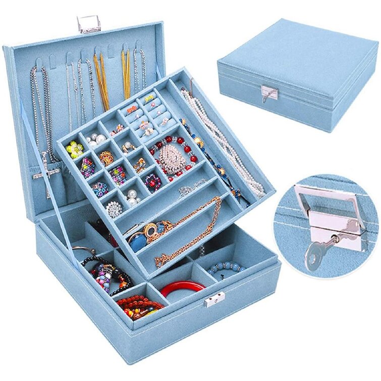 Double Layer 36 Compartments Necklace Jewelry Organizer with Lock Jewelry Holder for Earrings Bracelets Rings Double Layer-Sky Blue Jewelry Box for Women