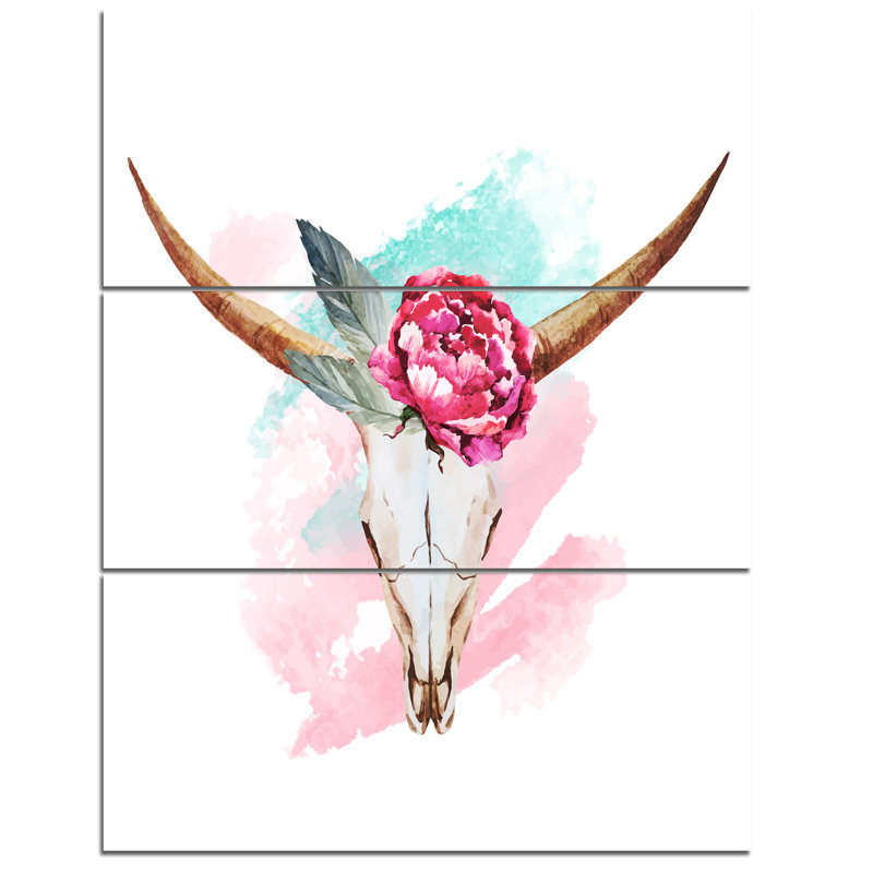 Designart Bull Skull And Flower 3 Piece Painting Print On