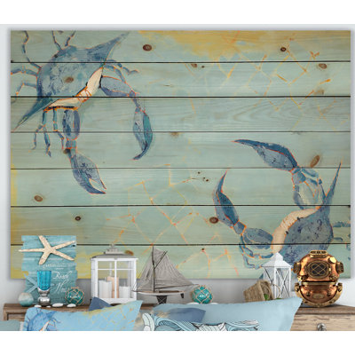 Blue Coastal crab Battle - Nautical & Coastal Print on Natural Pine Wood