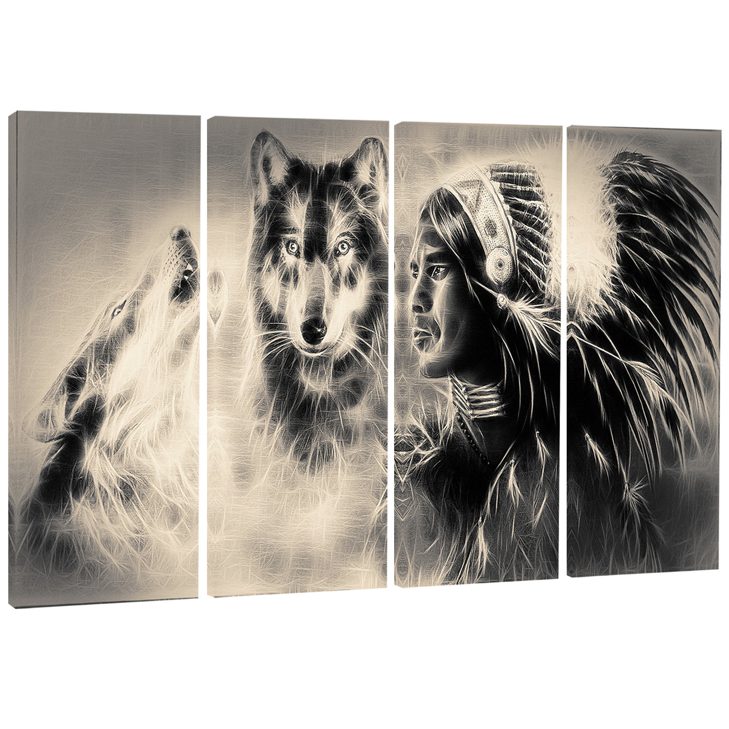 Designart Indian Warrior With Wolves Digital 4 Piece Graphic Art On Wrapped Canvas Set Wayfair