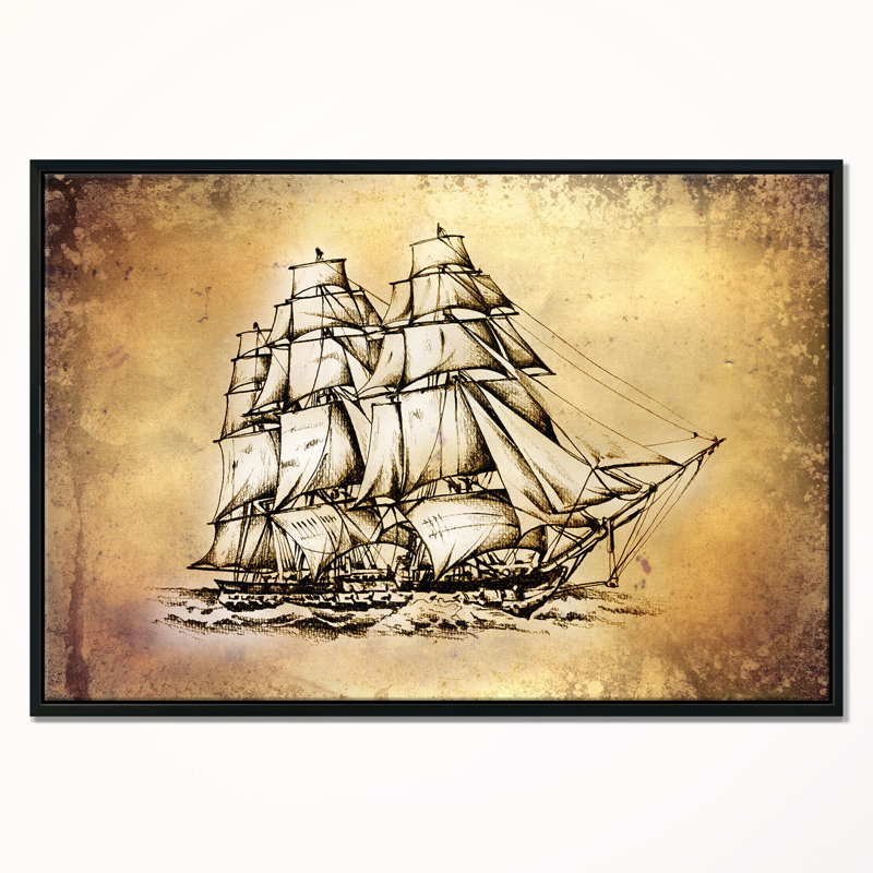 East Urban Home Moving Old Sailboat Drawing Framed Oil Painting
