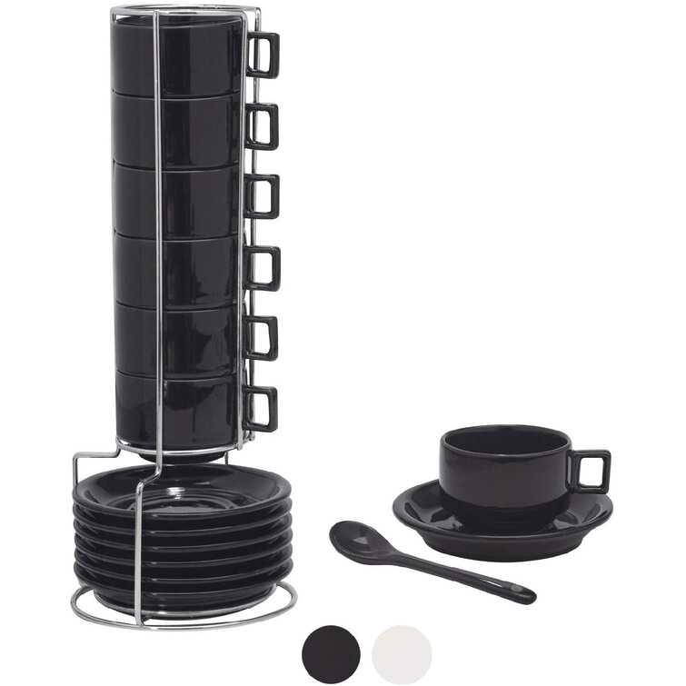 Set 6 Italian-Style Black Stoneware Demitasse Espresso Coffee Cups With Saucers
