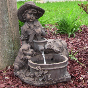 Outdoor Garden Solar Fountains You Ll Love Wayfair Jenks Resin Solar Boy With Dog On Demand Water Fountain Led Light