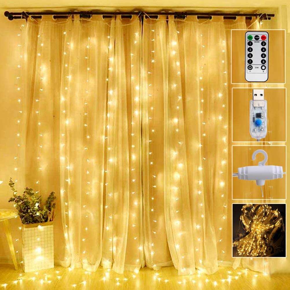9.8*9.8ft 300 LED Curtain Fairy Lights Dimmable USB String Light for Xmas Party 