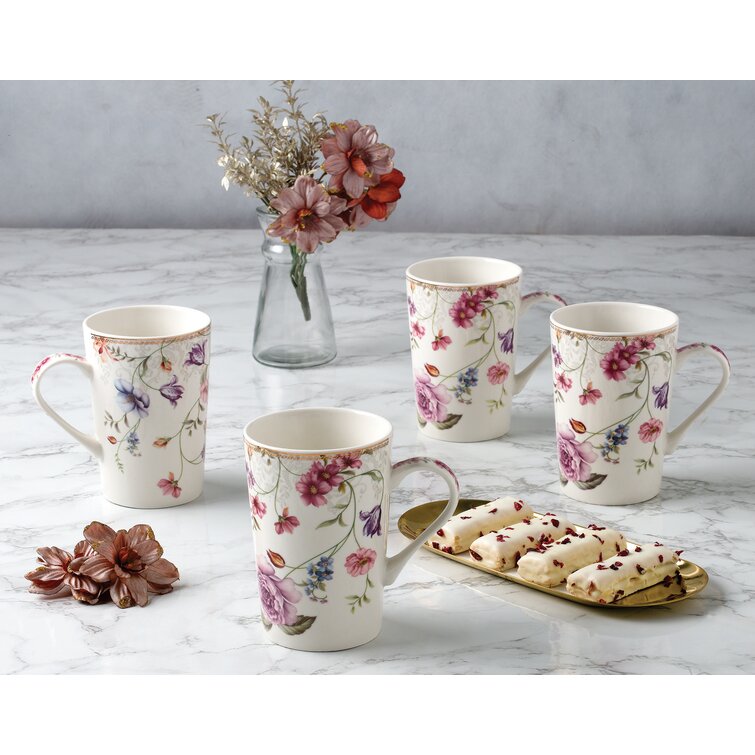 Coffee Mug New Bone China Floral Design Tea Mugs Set Set of 4