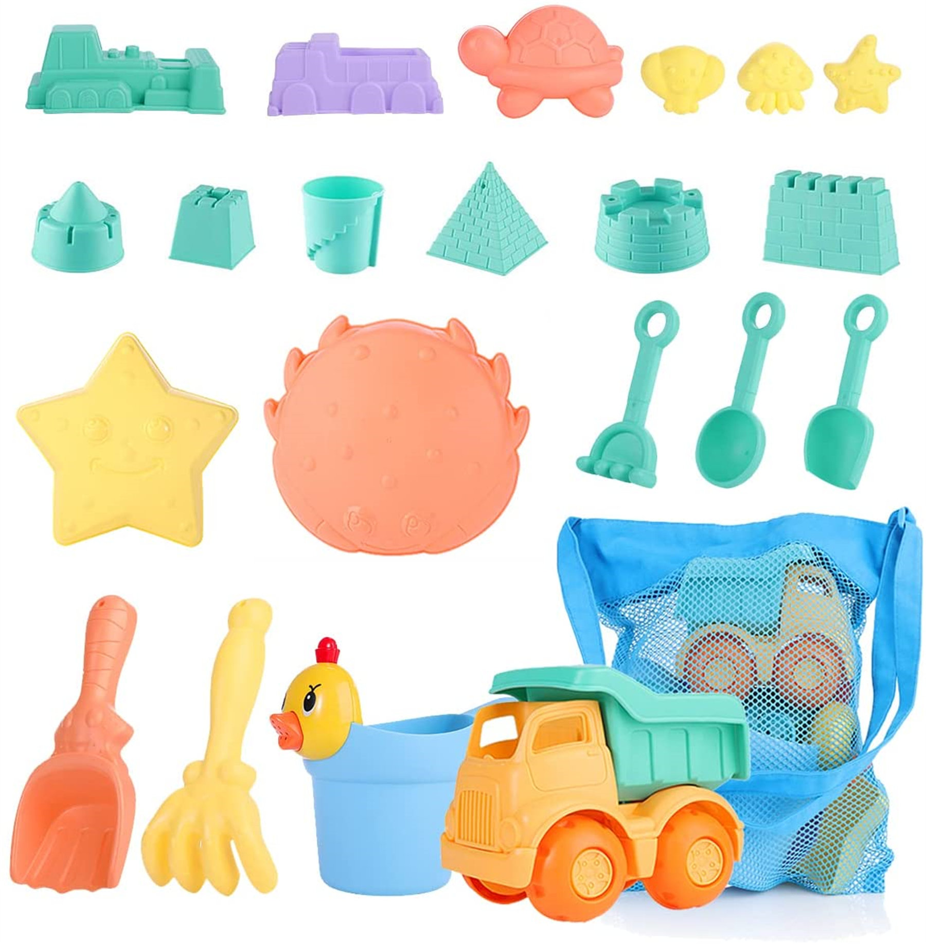 Beach Toys Includes Sand Toys Castle Sandbox Mesh Bag Shovels Fun Outdoor Games Beach Toys for Toddlers Kids Boys Girls Animal Molds Beach Sand Toys Set for Kids Rakes 