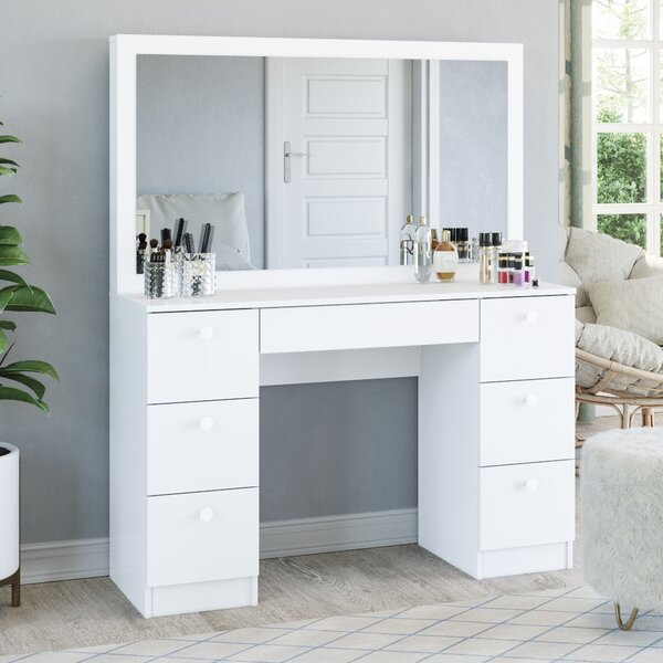 Corner Makeup Table White Dressing Vanity Desk Set with Three-Fold Mirrors and Drawers Shelf Storage Cabinet Modern Simple Elegant Corner Design Table for Bedroom Home Small Space