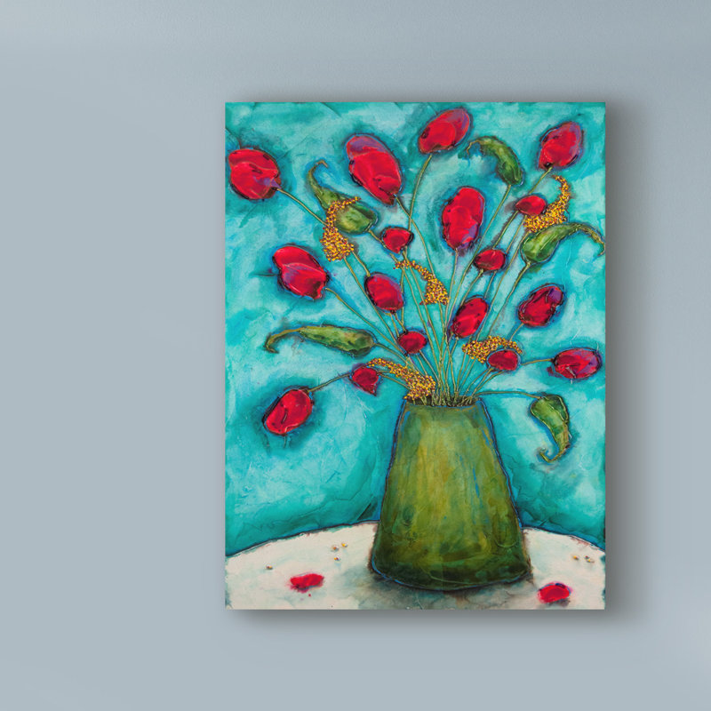 Ebern Designs Flowers In Green Vase Acrylic Painting Print On