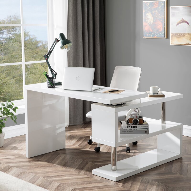 Brayden Studio® Marco White High Gloss Rotating Office Desk | Wayfair.ca