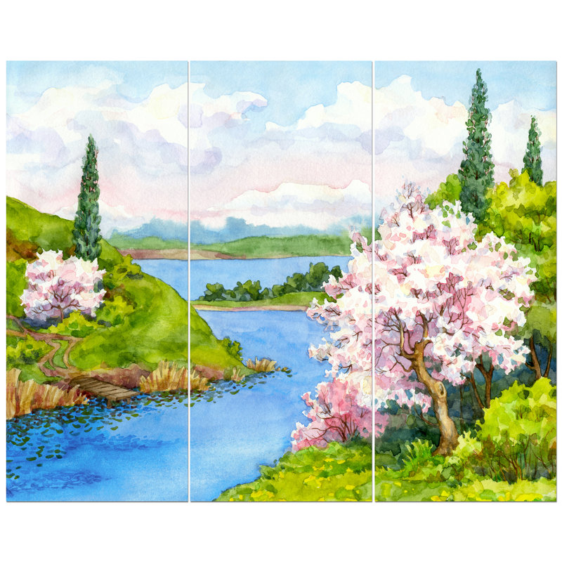 East Urban Home Flowering Trees In Winding River Oil Painting Print Multi Piece Image On Wrapped Canvas Wayfair