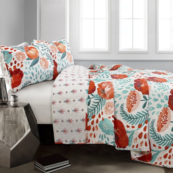 3pc POPPY GARDEN NAVY Quilt Set Cottage Country Floral Reversible Farmhouse 