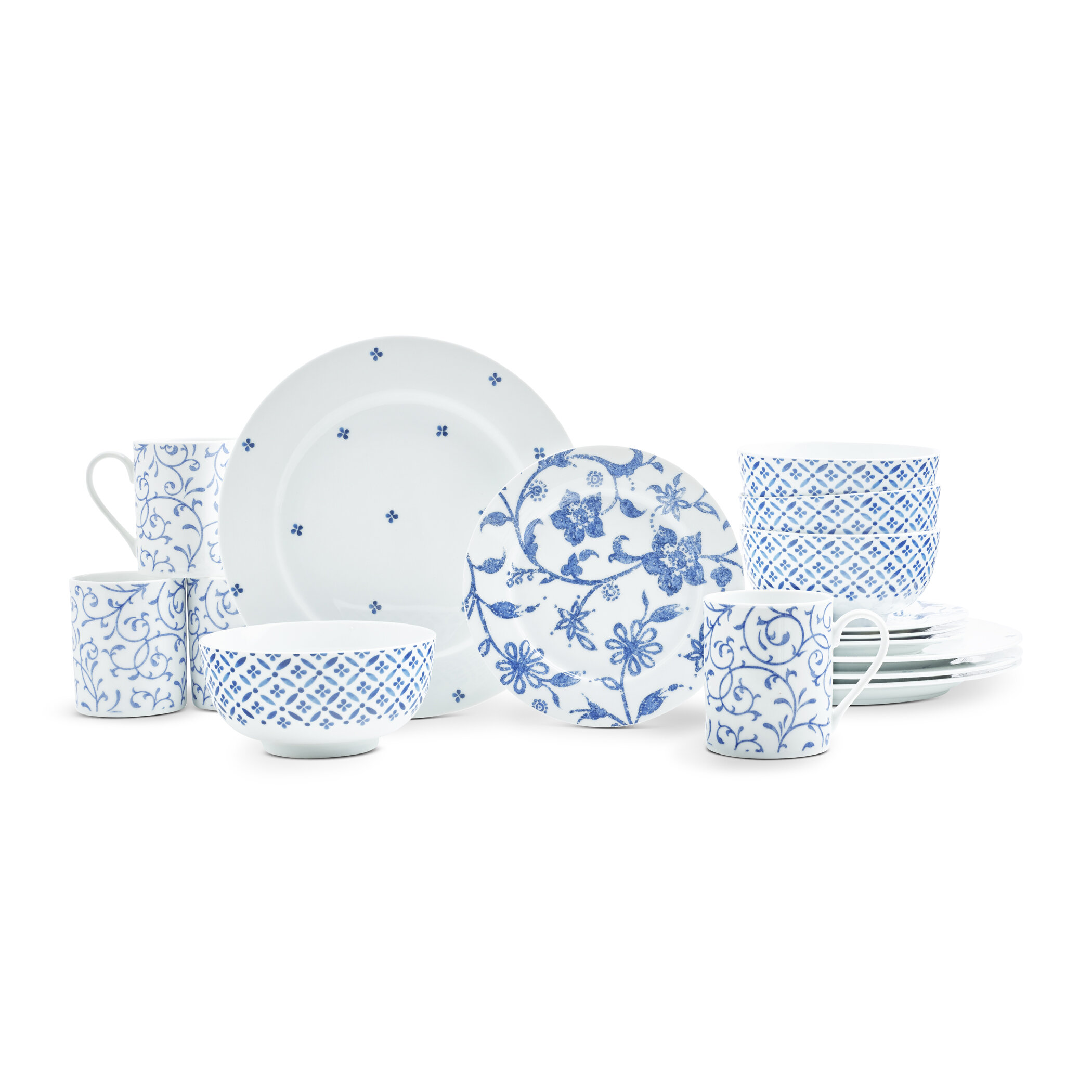 Soup Bowls Dessert Plates 16-Piece Porcelain Dinnerware Set Service for 4 Spiral Pattern and Fluted, 16 Pieces Kitchen Dinner Set with Dinner Plates Mugs