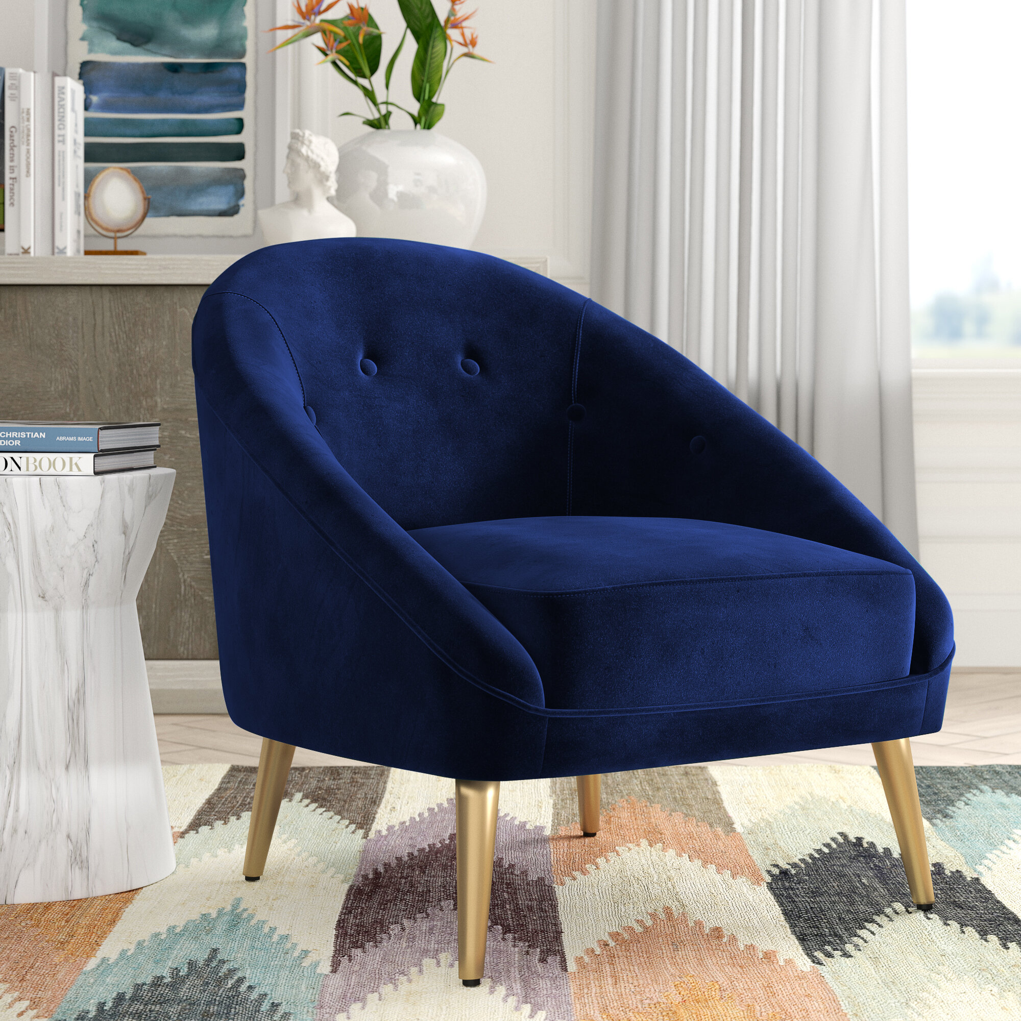 blue velvet barrel chair