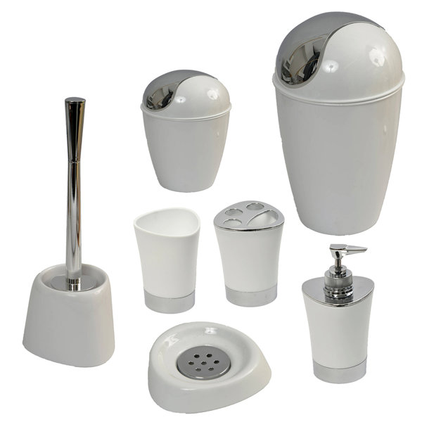 6 PC SET 3D VICTORIAN WHITE+GOLD DISPENSER+TISSUE+TRASH CAN+DISH+TUMBLER+TOOTHBR