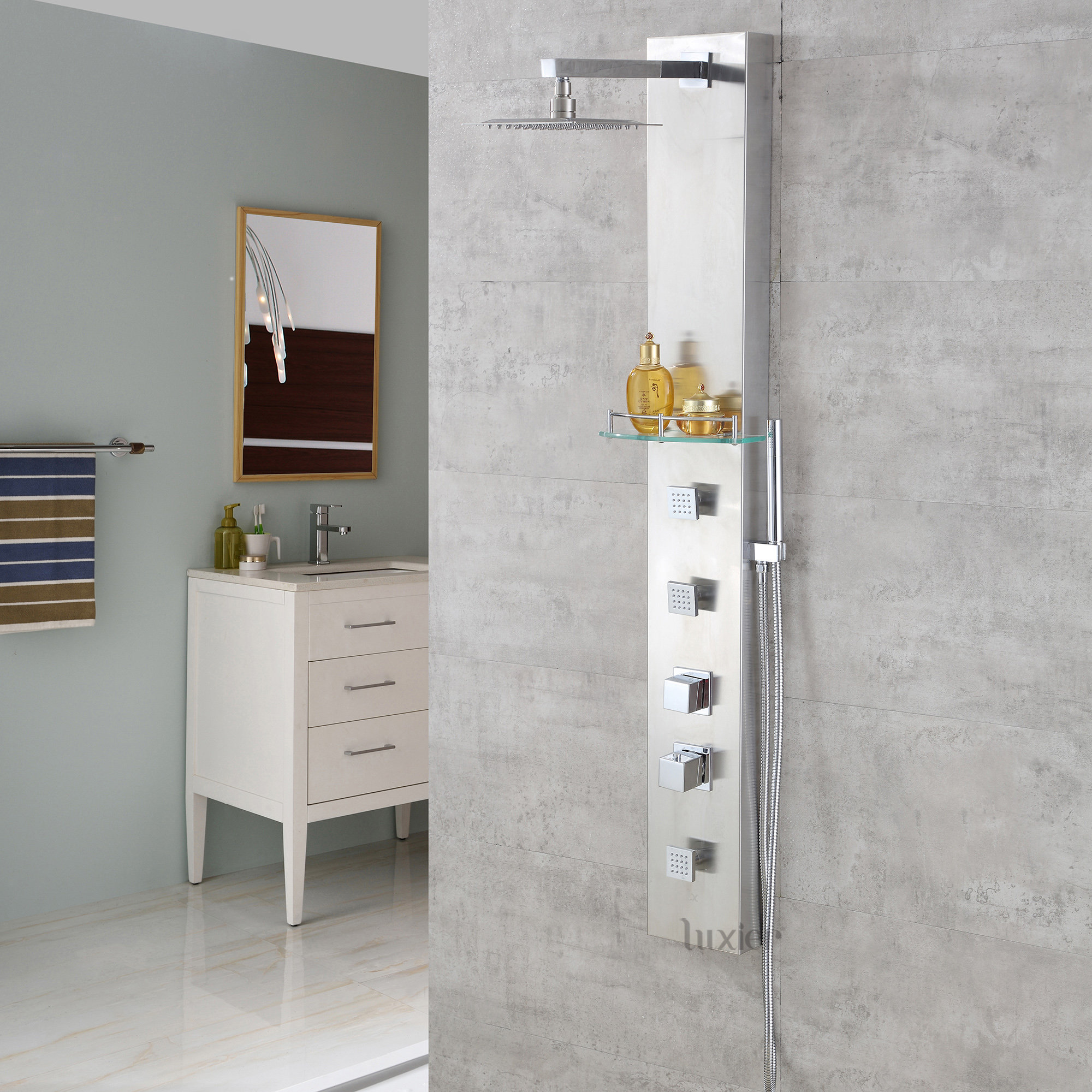 Multi Function Thermostatic Adjule Shower Head Panel With Rainfall Tower Mage Jets System And Handheld Multi Function Thermostatic Adjule Shower Head Panel With Rainfall Tower Mage Jets System And Handheld