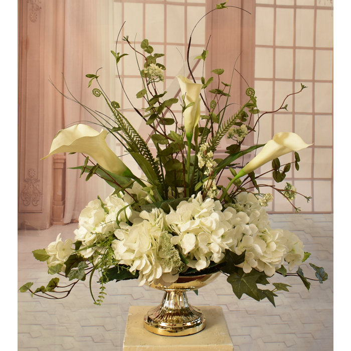 Calla Lily Silk Hydrangea And Orchid Centerpiece In Decorative Vase Calla Lily Silk Hydrangea And Orchid Centerpiece In Decorative Vase