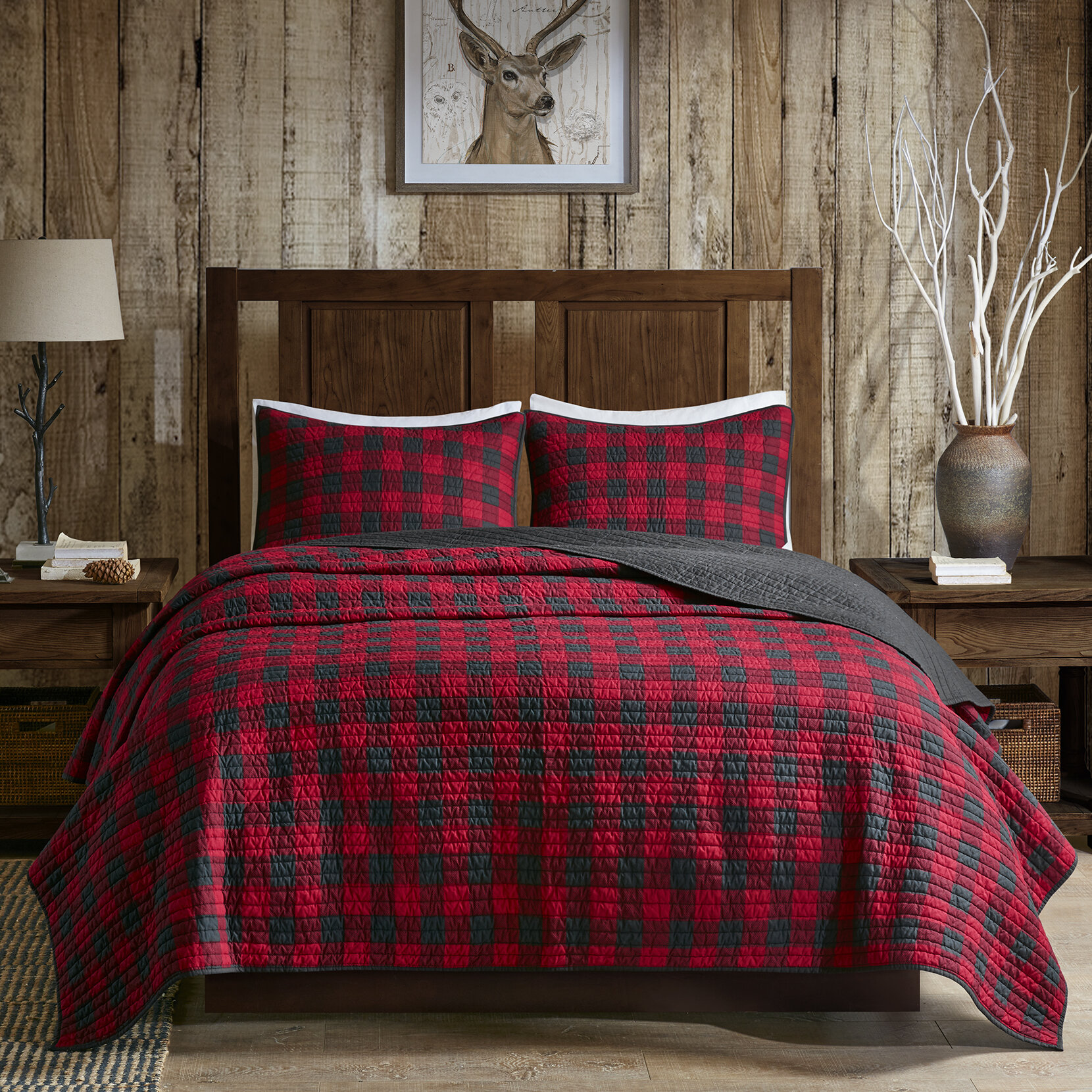 Country Farmhouse Rustic Red Plaid Buffalo Check CAL KING Comforter Set 7 Piece 