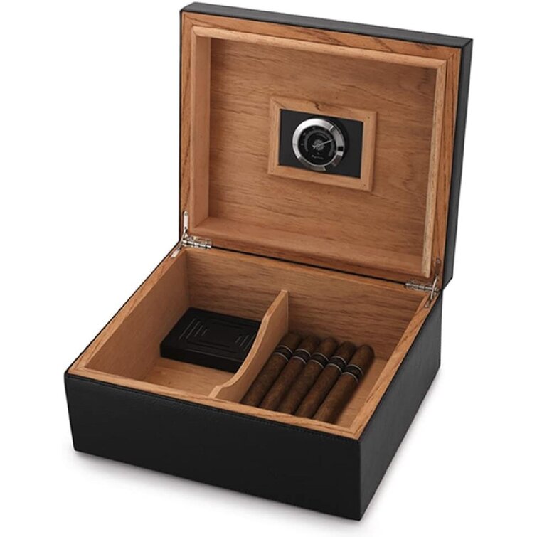 High Gloss Cigar Humidor Cigar Box for 10-20 Cigars Desktop Humidors Gloss Black Luxury Hygrometer and Humidifier 100% Real Solid Spanish Cedar Wood