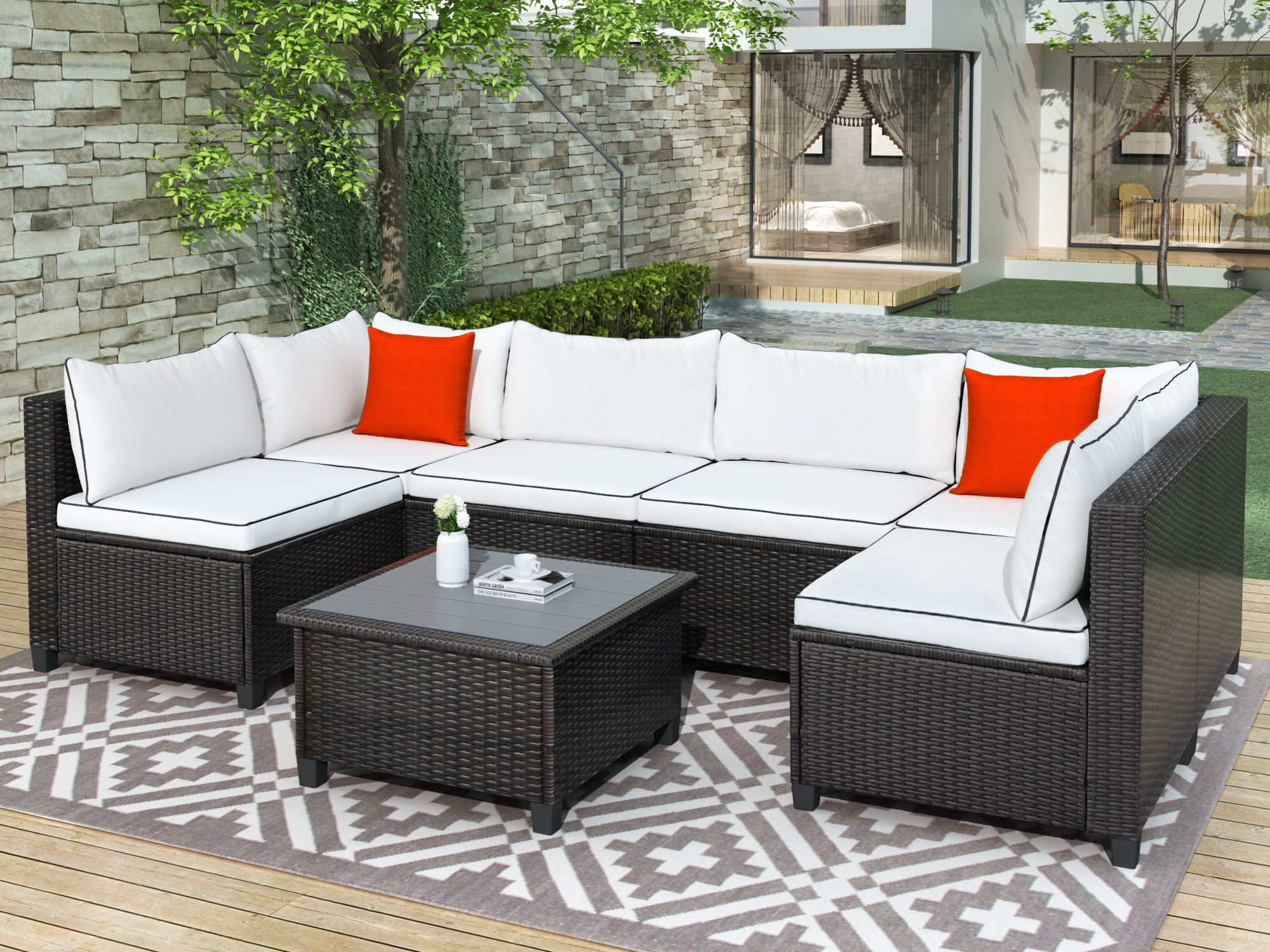 Longshore Tides Courtright 7 Piece Rattan Sectional Seating Group With Cushions Wayfair