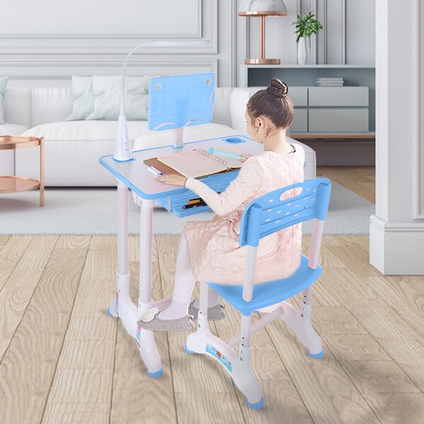Kids Study Desk Chair Set Adjustable Writing Table Desk W/ Storage Drawer & Lamp 