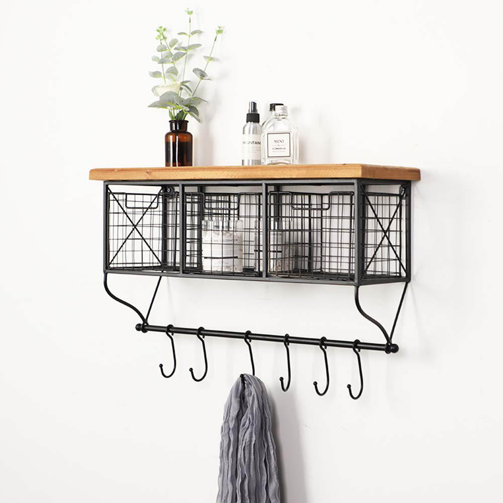 17 Stories Industrial Wall Mounted,Metal Wood Shelf With Baskets Hooks