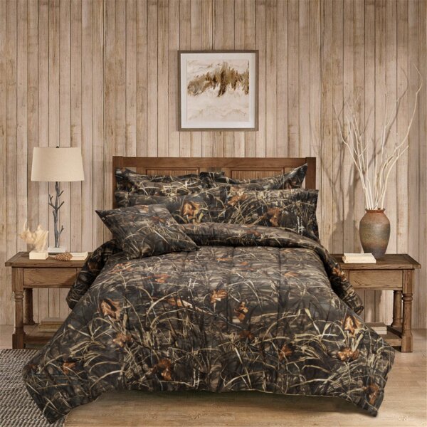 7 PC ORANGE CAMO COMFORTER  WITH NATURAL SHEET SET QUEEN SET CAMOUFLAGE WOODS