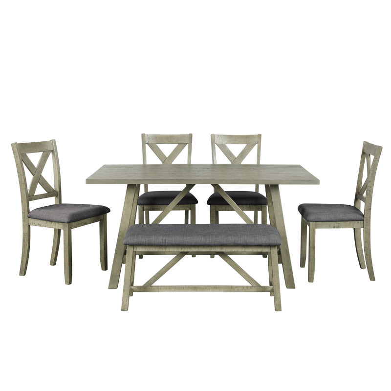 Gracie Oaks 6 Piece Dining Table Set Wood Dining Table And Chair Kitchen Table Set With Table Bench And 4 Chairs Rustic Style Gray Wayfair