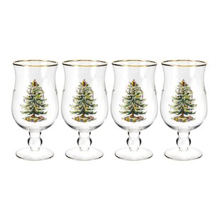 SPODE CHRISTMAS TREE 7" Footed Stem Beverage Water Glass 16 oz Excellent!! 