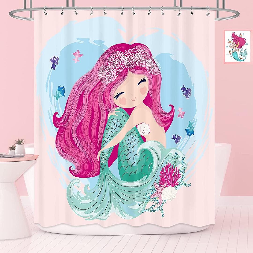 Mermaid Girl in Sea Bathroom Shower Curtain Waterproof Fabric & 12 Hooks 71*71" 