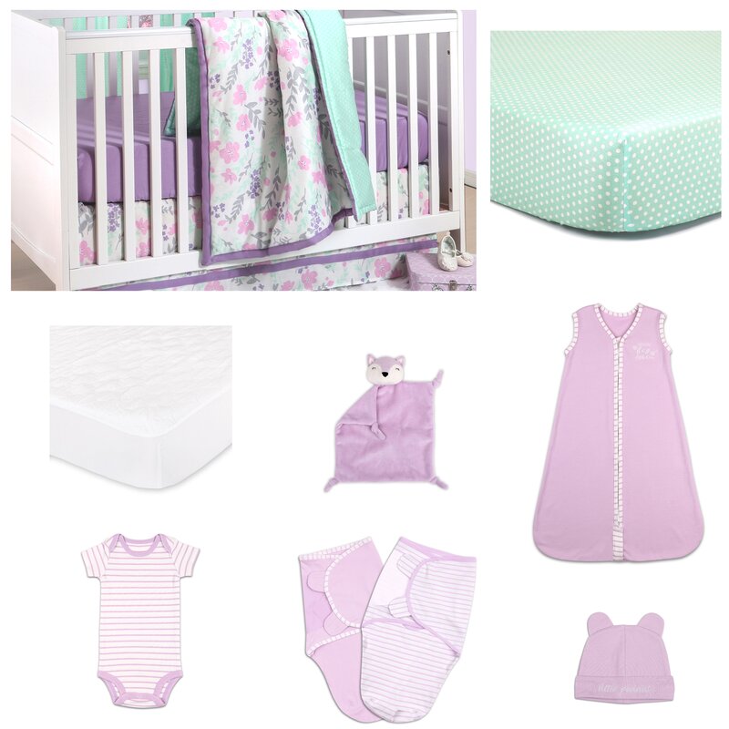 Purple Pink And Mint Floral Tailored Crib Dust Ruffle By The