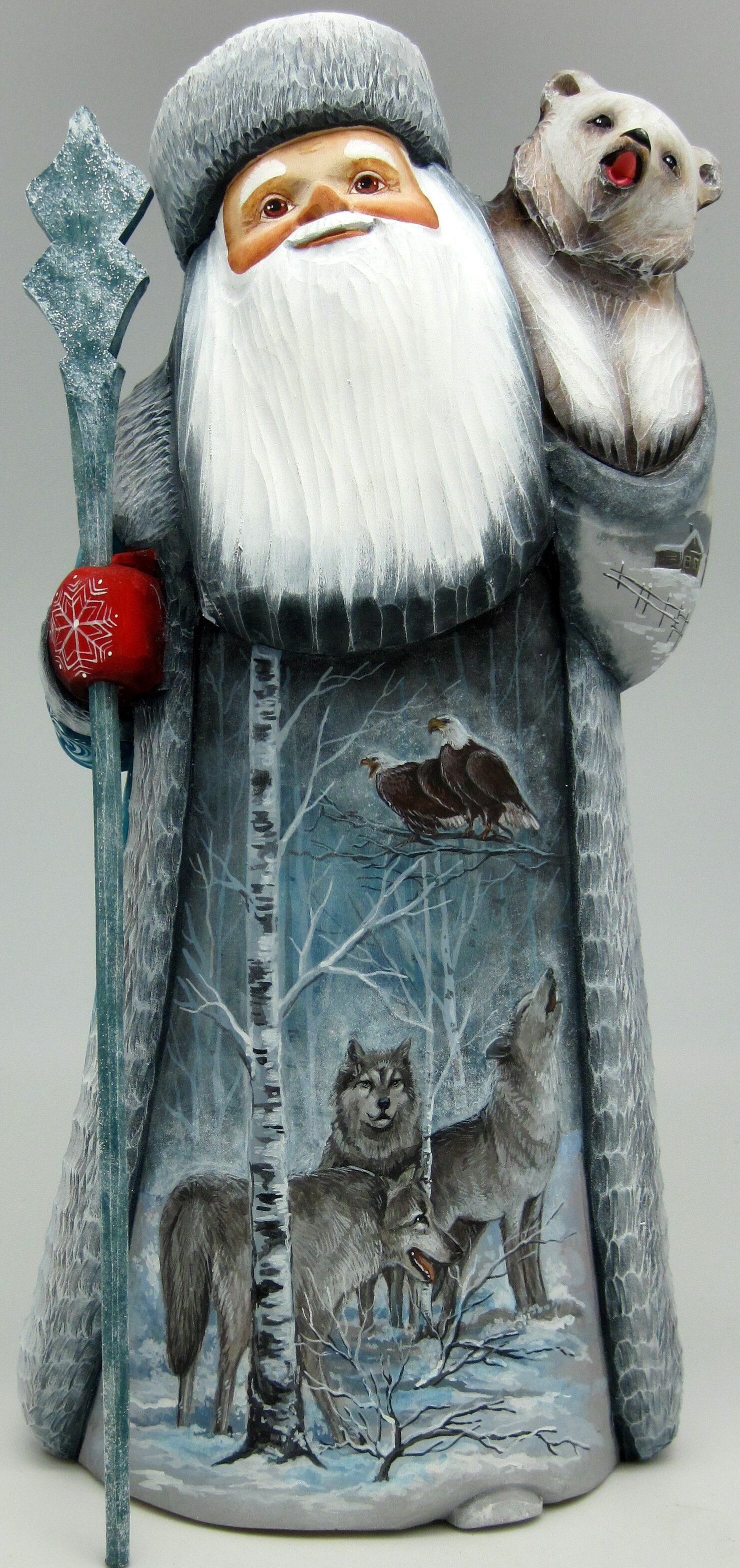 G Multicolored Debrekht Wolf & Bird Santa Hand-Painted Wood Carving
