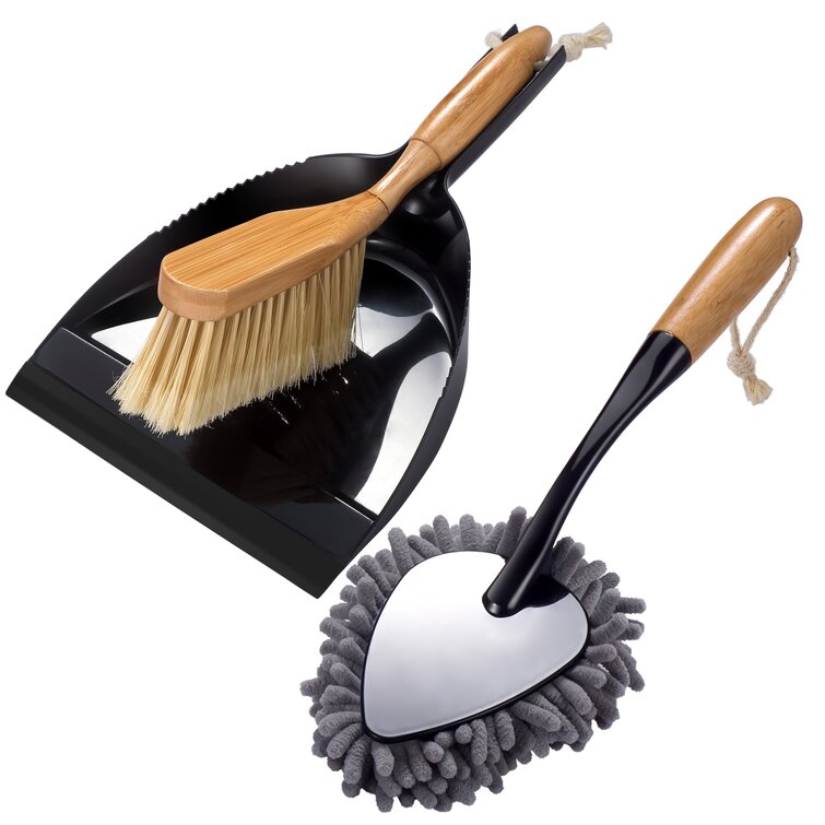 Dustpan and Brush Set Grey Bamboo Design Soft Grip Handle Dust Sweeping & Cleaning Brush Set 