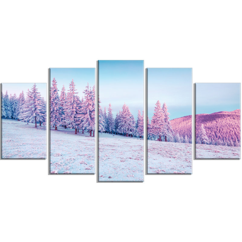 Designart Winter Sunrise In Mountains 5 Piece Wall Art On