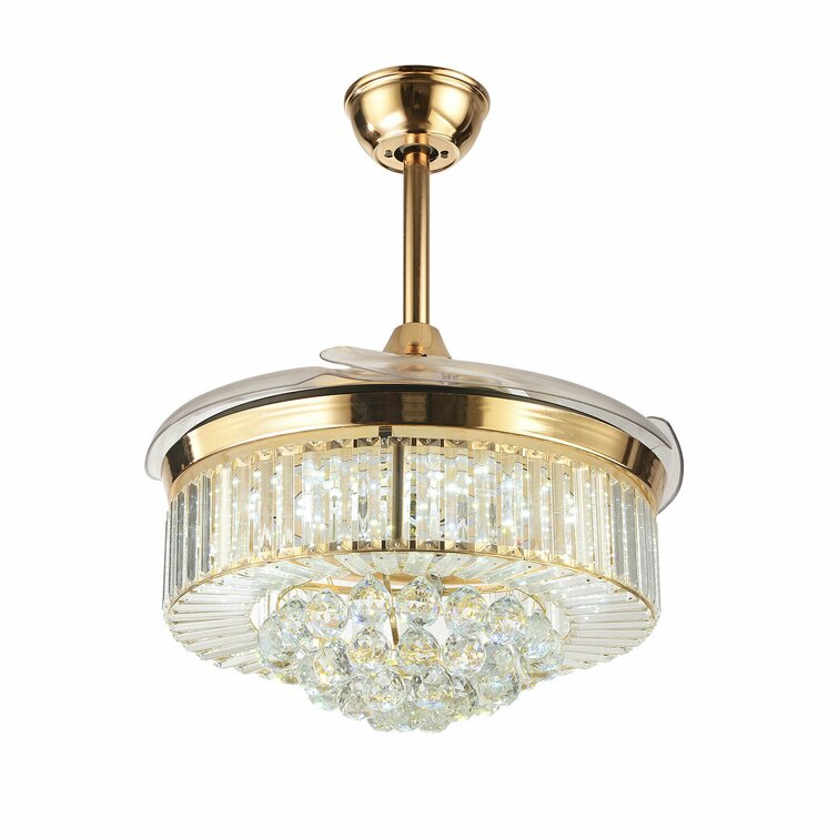 36inch/42" Gold LED Invisible Ceiling Fan Light Crystal Chandelier Lamp w/Remote 