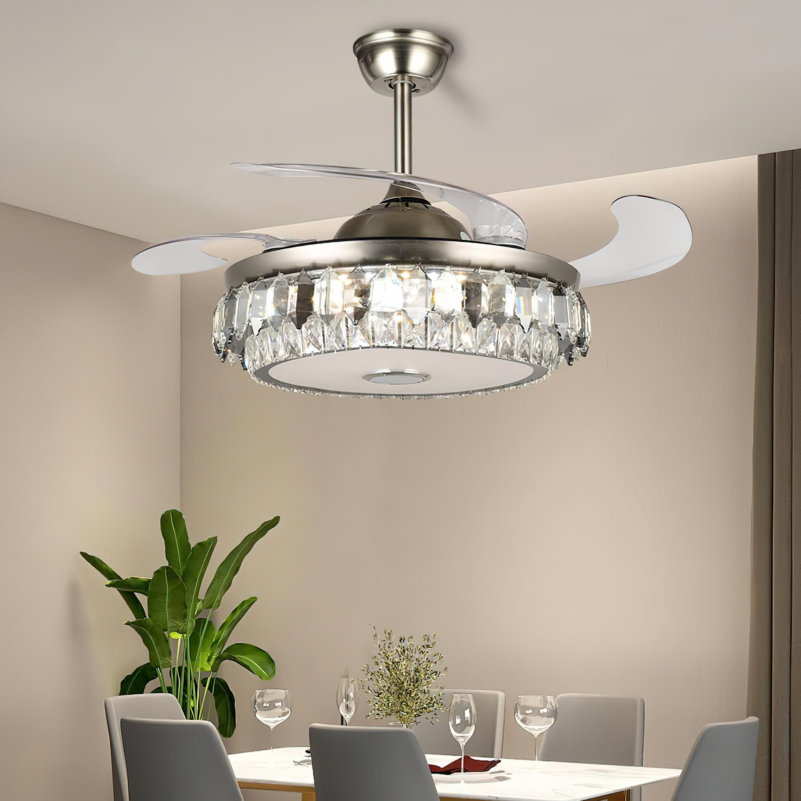 36"/42" Retractable 4 Blade Ceiling Fan Light LED Chandelier Dining Room Lamp 