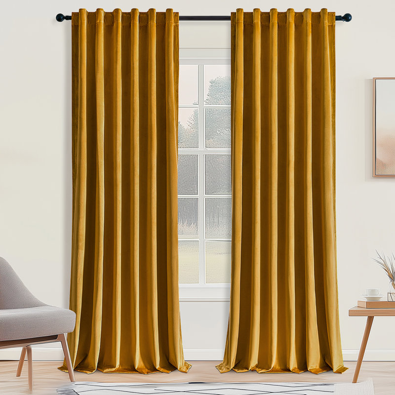 Quimby Velvet Solid Blackout Rod Pocket Back Curtain Panels Size per Panel: 52" W x 90" L, Curtain Color: Mustard Yellow
